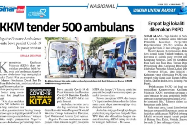 KKM Tender 500 Buah Ambulans Untuk Kegunaan Pesakit COVID-19